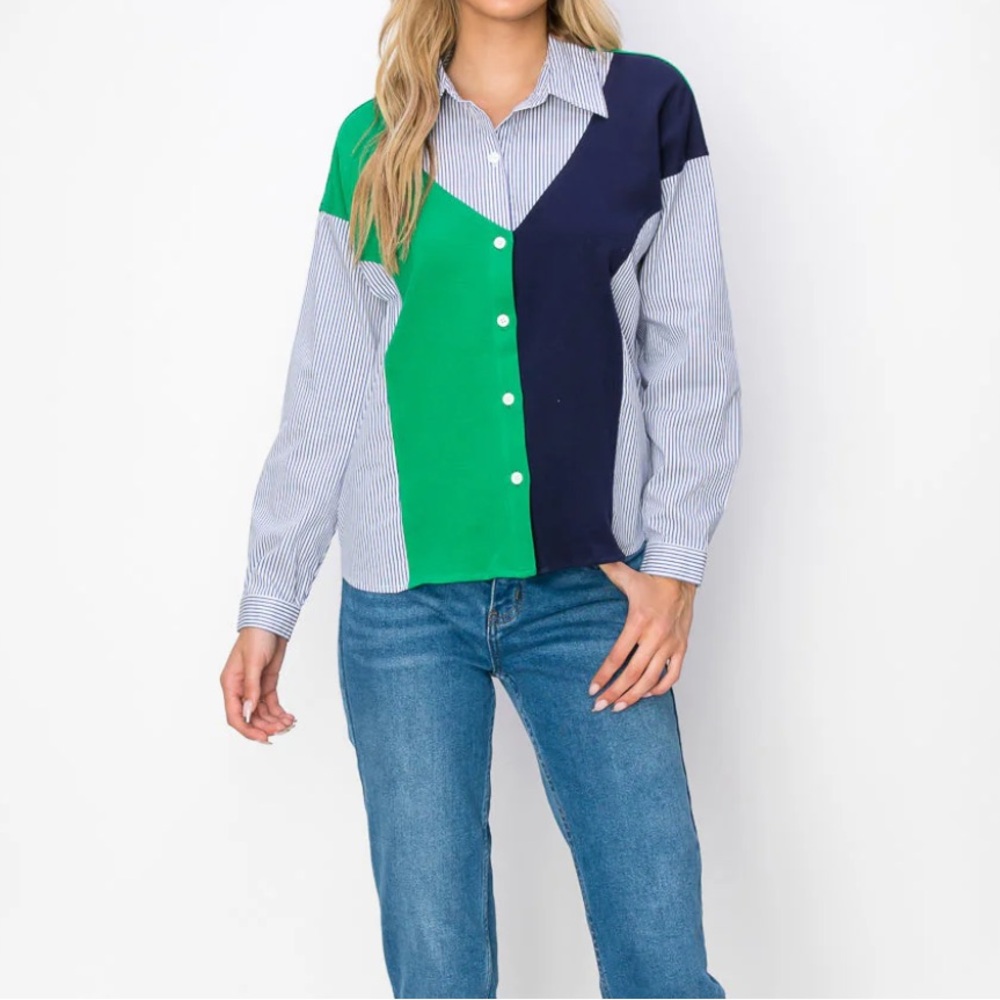 JOH APPAREL "Wynn" Coastal Grandma Core Block Stripe Ponte Office Blouse Top XL